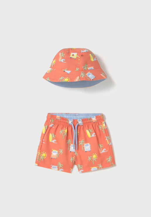 Mayoral Swim Trunks and Reversible Hat Set with Sun Protection