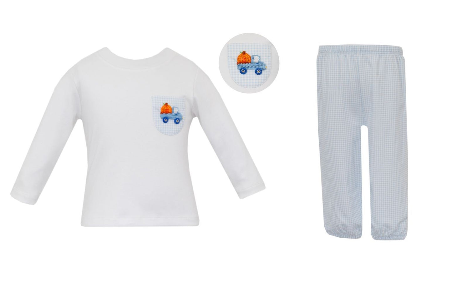 Petit Bebe Knits Boys Blue Gingham Pants Set - Pumpkin Truck Shirt