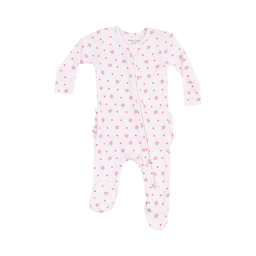 ANGEL DEAR 2 WAY ZIPPER RUFFLE BACK FOOTIE - STRAWBERRY SWISS DOT