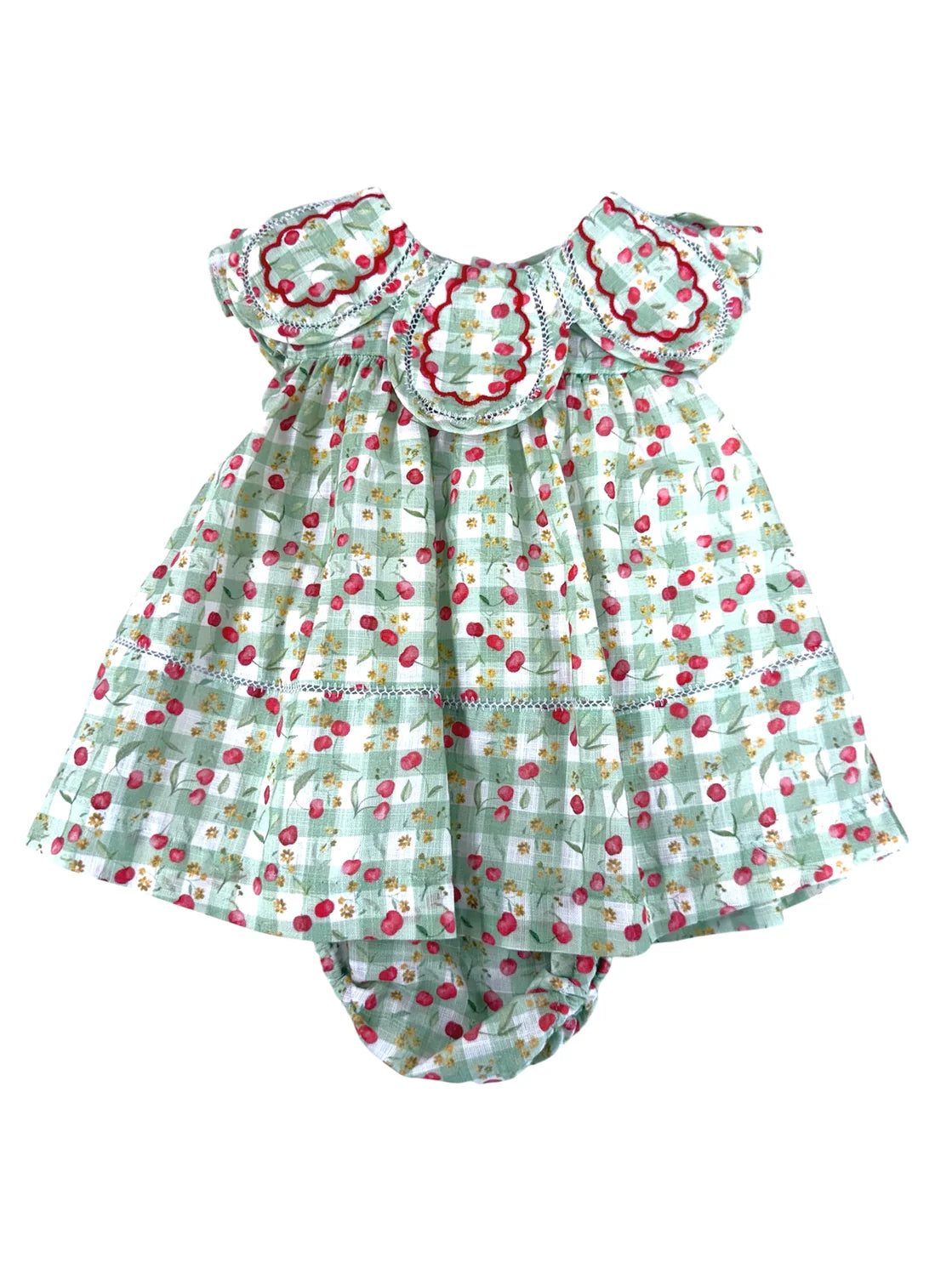 Sophie & Lucas Cheeky Cherries Green Check Petal Dress