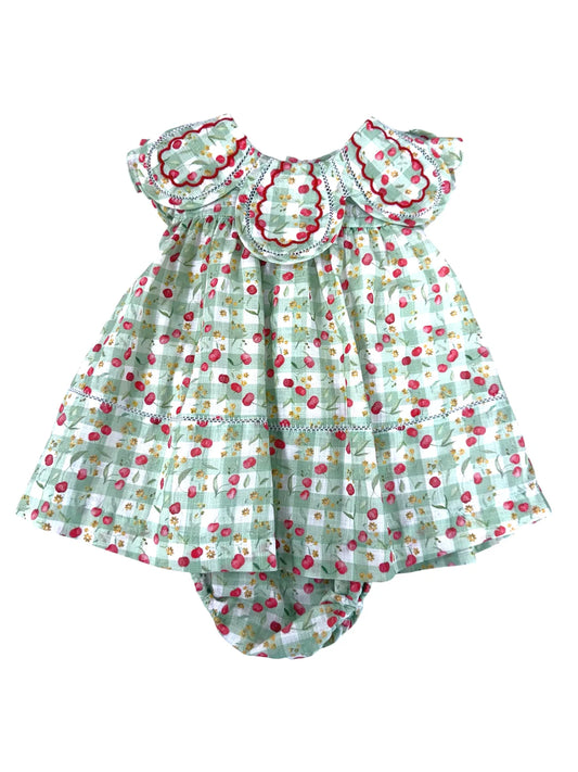 Sophie & Lucas Cheeky Cherries Green Check Petal Dress