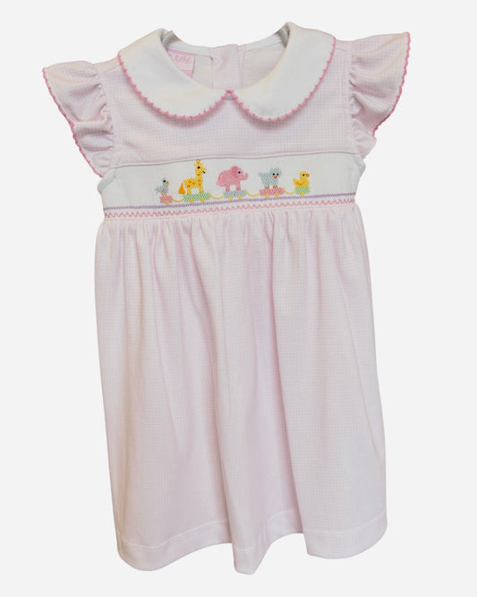 Petit Bebe Pink Smocked Zoo Animals Dress