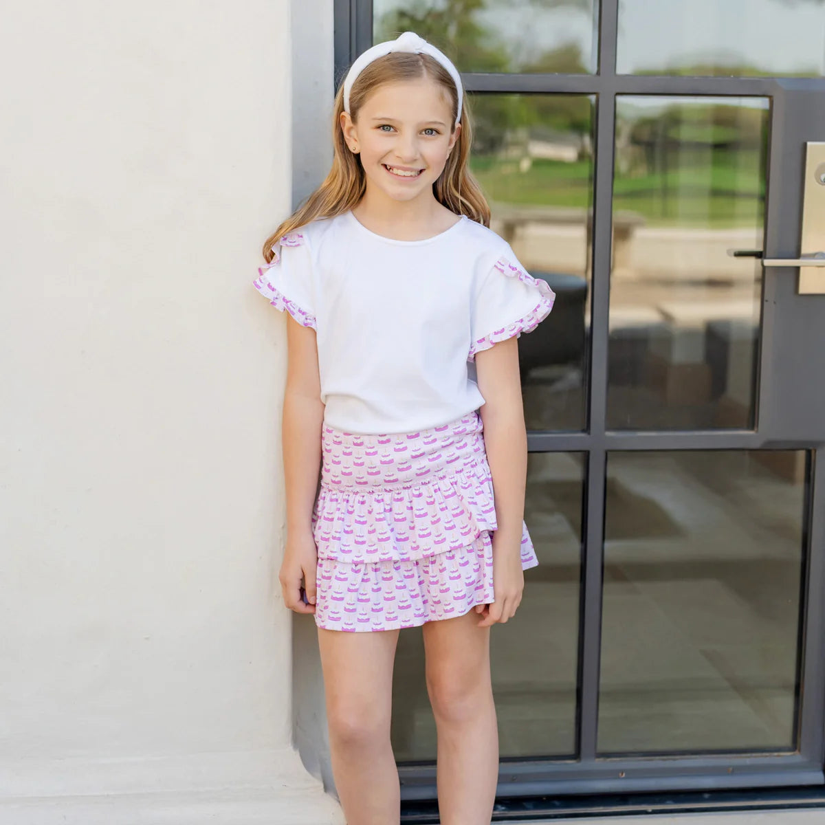 Lila and Hayes Winnie Girls’ Pima Cotton Skirt Set - Birthday Cake Pink