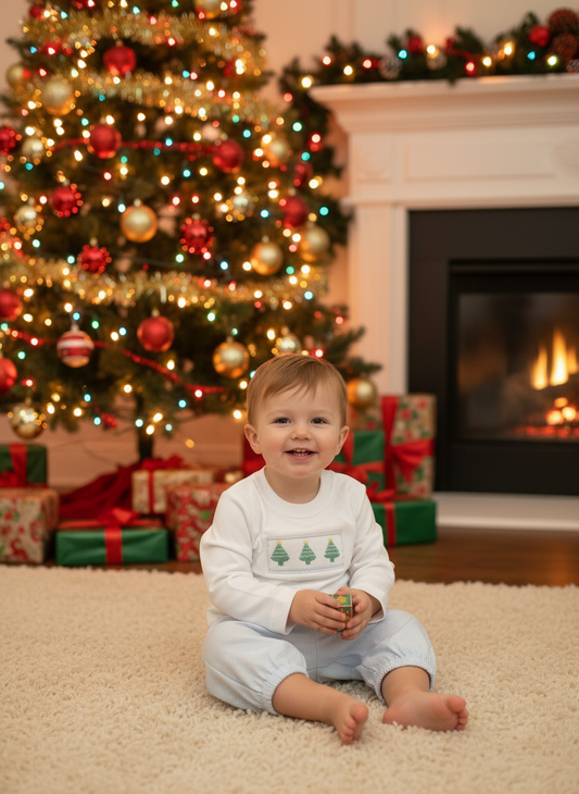 Petit Bebe Smocked Christmas Tree Pants Set
