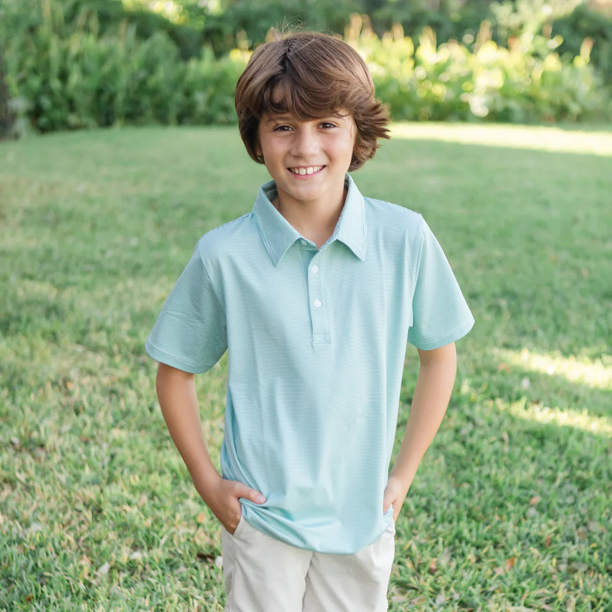 LILA & HAYES WILL BOYS' PERFORMANCE POLO BY LH SPORT GREEN STRIPES
