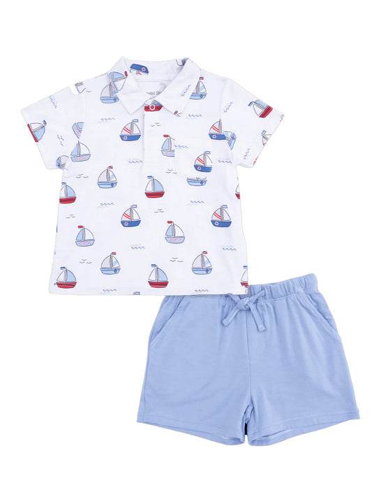 Angel Dear Bubbly Sailboat Blue Polo with Casual Short