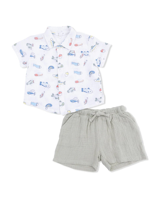 Angel Dear Bubbly Fishing Lure Button Up Shirt with Casual Short