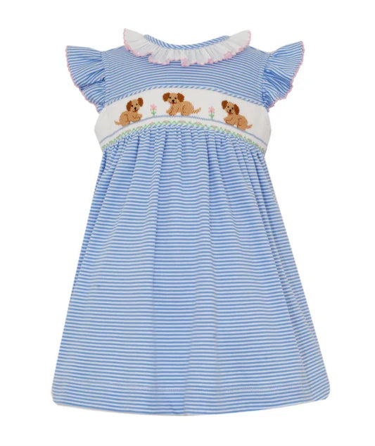Petit Bebe Blue Smocked Puppy Dress