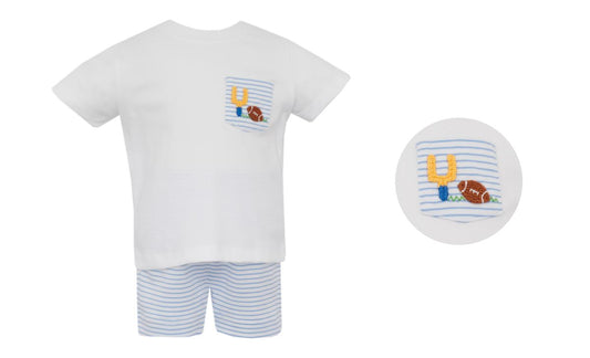Petit Bebe Football - Blue Knit Stripe Short Set