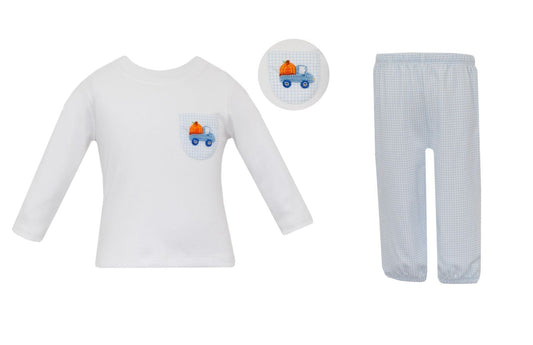 Petit Bebe Knits Boys Blue Gingham Pants Set - Pumpkin Truck Shirt