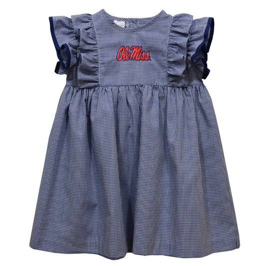 Vive La Fete Ole Miss Rebels Embroidered Navy Gingham Girls Ruffle Dress