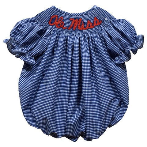 Vive La Fete Ole Miss Rebels Smocked Navy Gingham Short Sleeve Girls Bubble