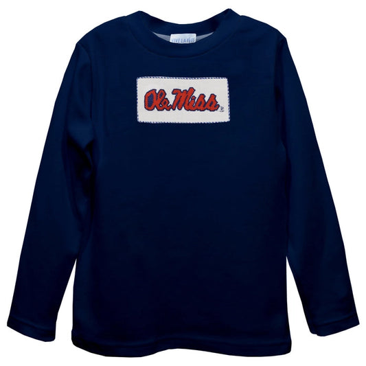 Vive La Fete Ole Miss Rebels Smocked Navy Knit Boys Long Sleeve T-Shirt