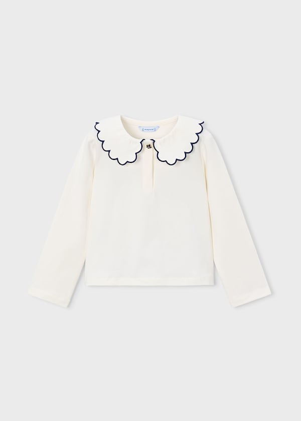Mayoral Girls Jacquard Knit Pants and Polo Shirt with a Peter Pan Collar Set