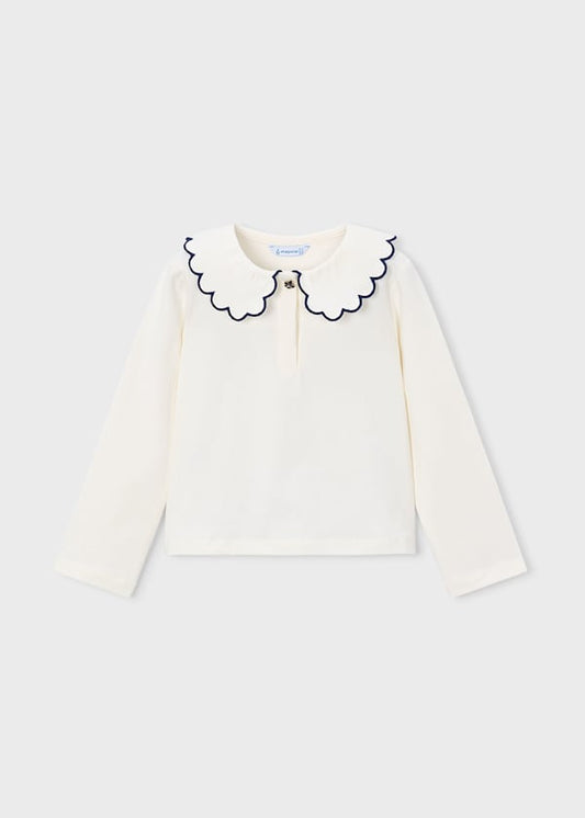 Mayoral Girls Jacquard Knit Pants and Polo Shirt with a Peter Pan Collar Set