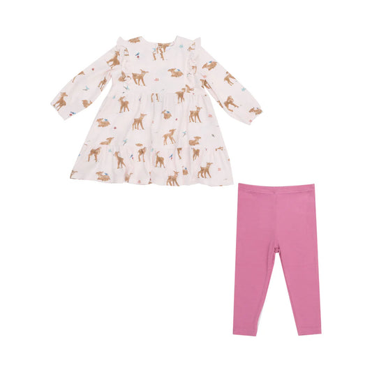 SMOCKED RUFFLE TIERED DRESS AND LEGGING - SOFT DEER