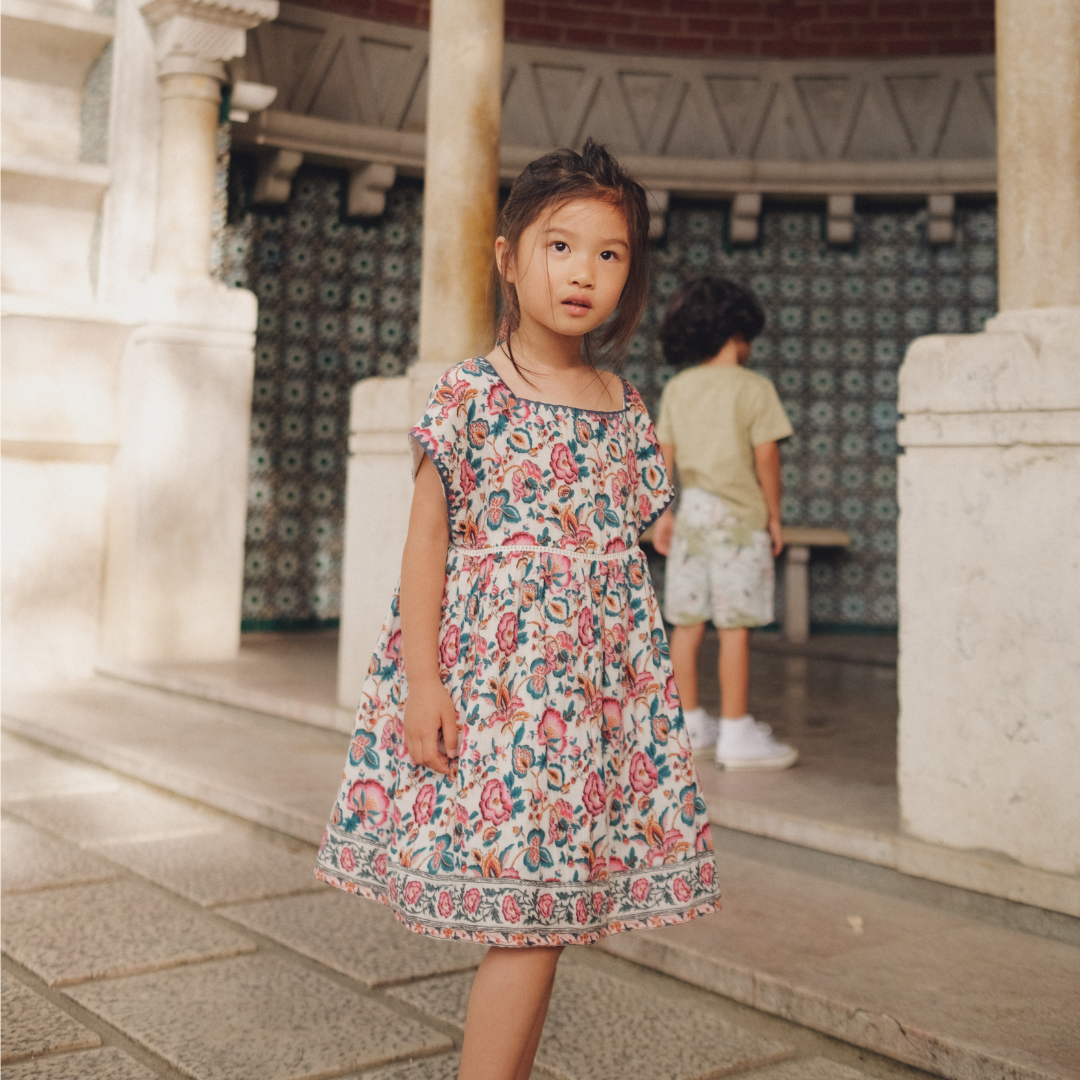 Tapalpa Dress in Cream Indian Flowers