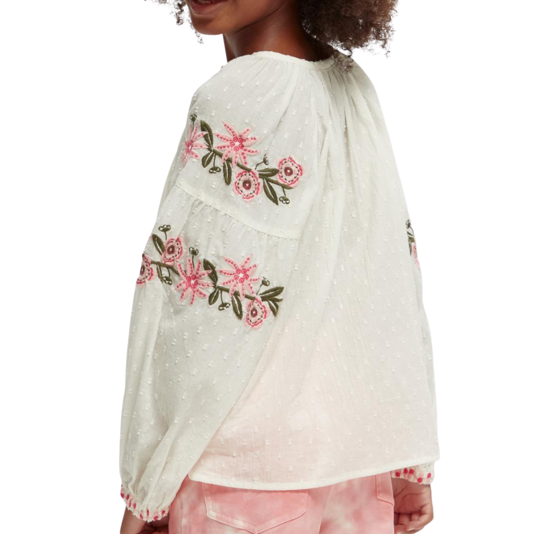 Long Sleeved Floral Embroidered Shirt in Vanilla Ice