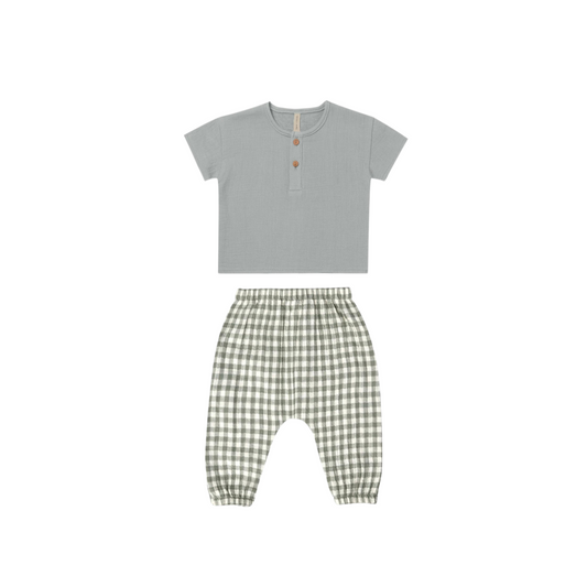 Henry Top in Sky + Woven Pant in Sea Green Gingham