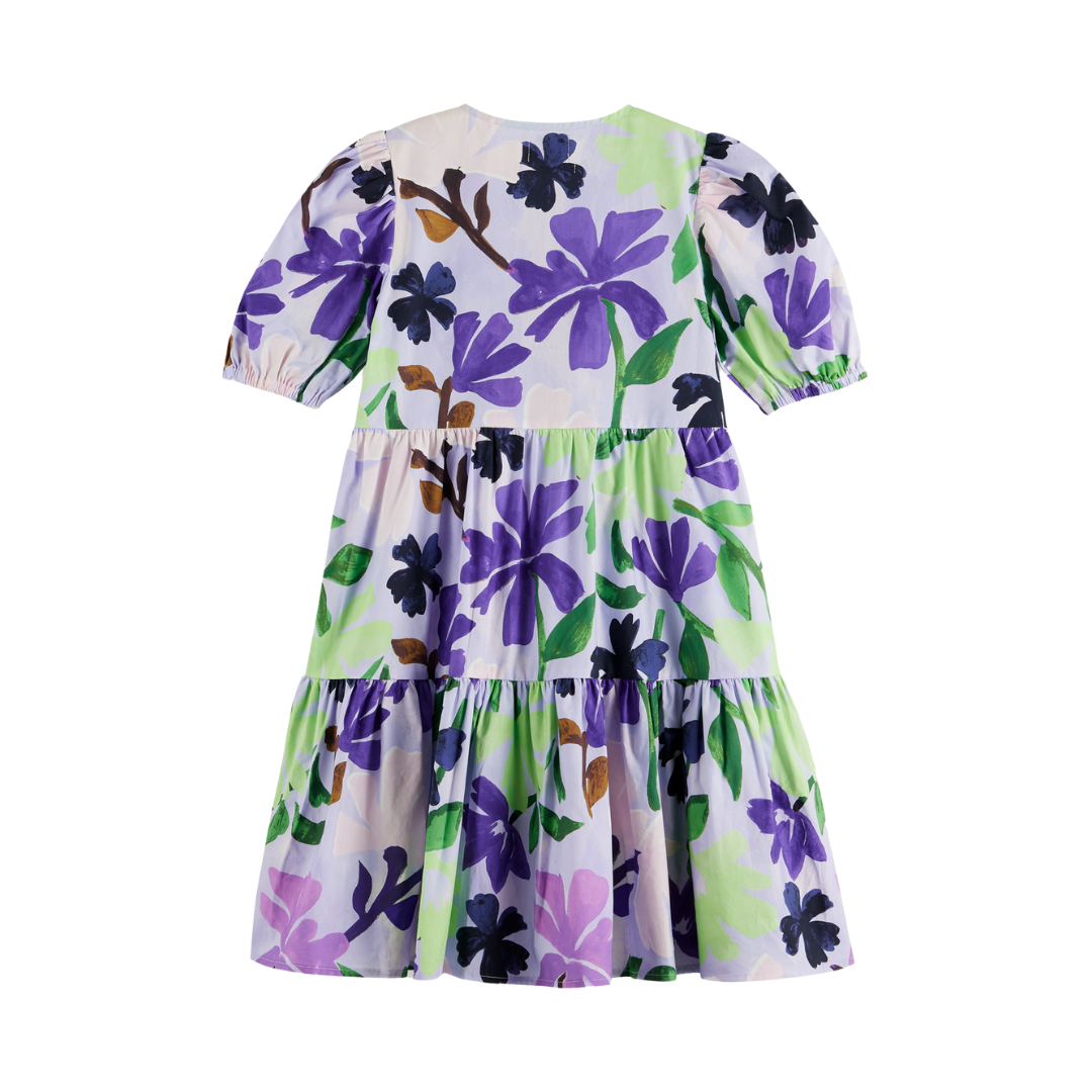 Short-Sleeved Printed Tiered Dress in Painters Flowers